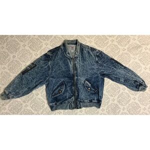 VTG Chemin de Fer Womens S Acid‎ Wash Denim Bomber Jacket Zipper Pockets Ribbed